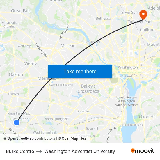 Burke Centre to Washington Adventist University map