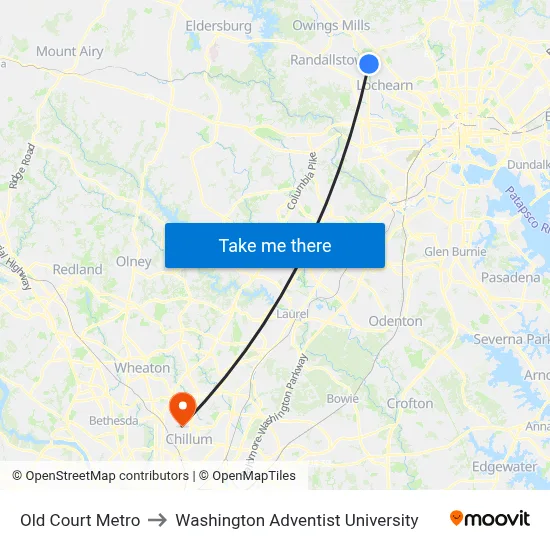 Old Court Metro to Washington Adventist University map