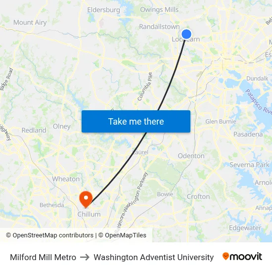 Milford Mill Metro to Washington Adventist University map