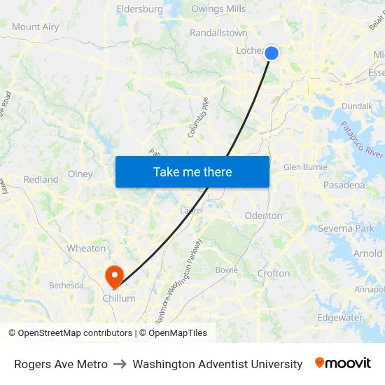 Rogers Ave Metro to Washington Adventist University map