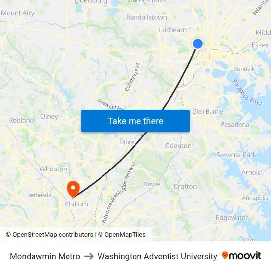 Mondawmin Metro to Washington Adventist University map