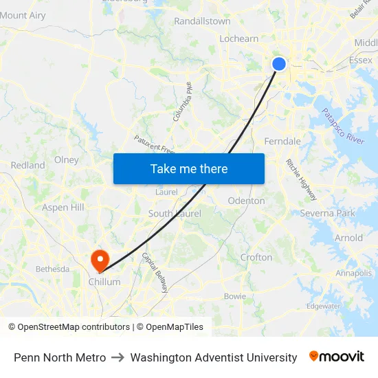 Penn North Metro to Washington Adventist University map
