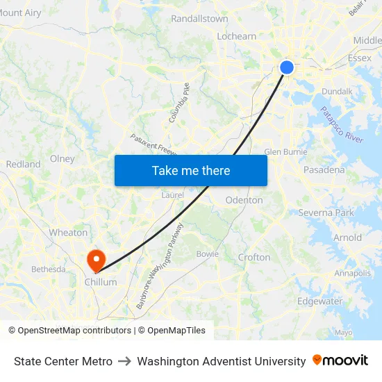 State Center Metro to Washington Adventist University map