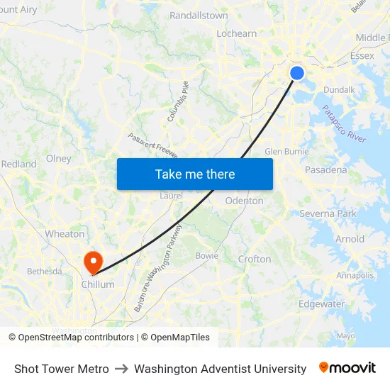 Shot Tower Metro to Washington Adventist University map