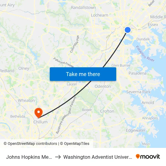Johns Hopkins Metro to Washington Adventist University map