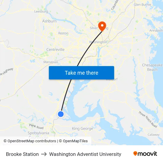 Brooke Station to Washington Adventist University map
