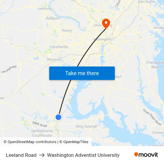 Leeland Road to Washington Adventist University map