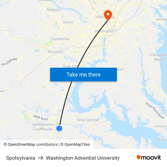 Spotsylvania to Washington Adventist University map