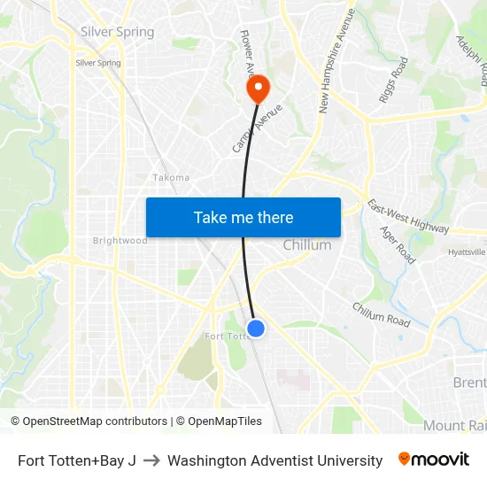 Fort Totten+Bay J to Washington Adventist University map