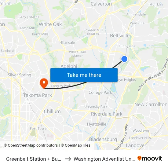 Greenbelt Station + Bus Bay B to Washington Adventist University map
