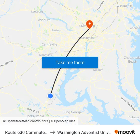 Route 630 Commuter Lot to Washington Adventist University map