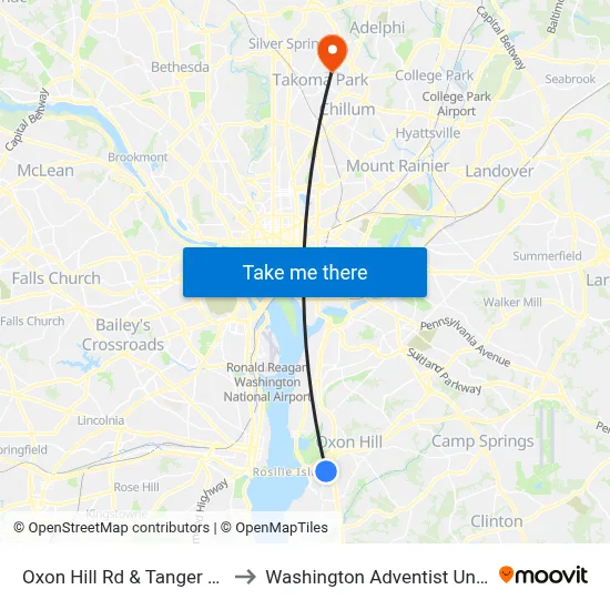 Oxon Hill Rd & Tanger Outlets to Washington Adventist University map