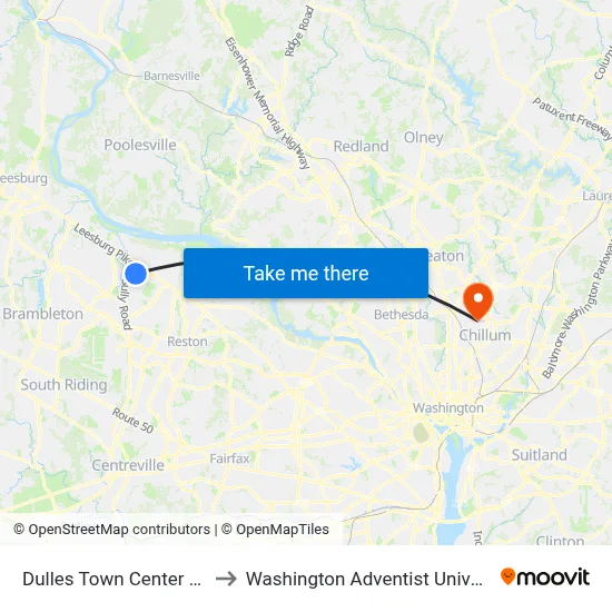 Dulles Town Center Mall to Washington Adventist University map