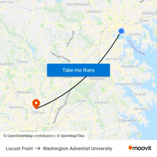 Locust Point to Washington Adventist University map