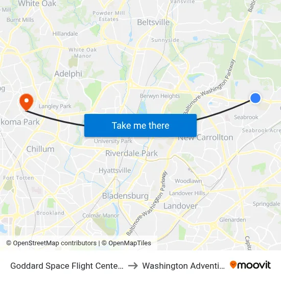 Goddard Space Flight Center Visitors Center to Washington Adventist University map