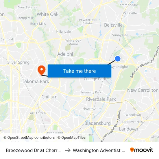 Breezewood Dr at Cherrywood Ln to Washington Adventist University map