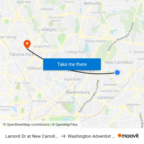 Lamont Dr at New Carrollton Library to Washington Adventist University map