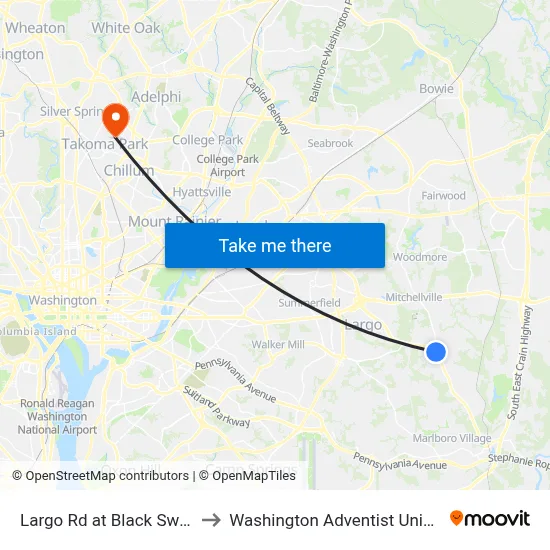 Largo Rd at Black Swan Dr to Washington Adventist University map