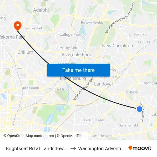 Brightseat Rd at Landsdowne Village Apts to Washington Adventist University map