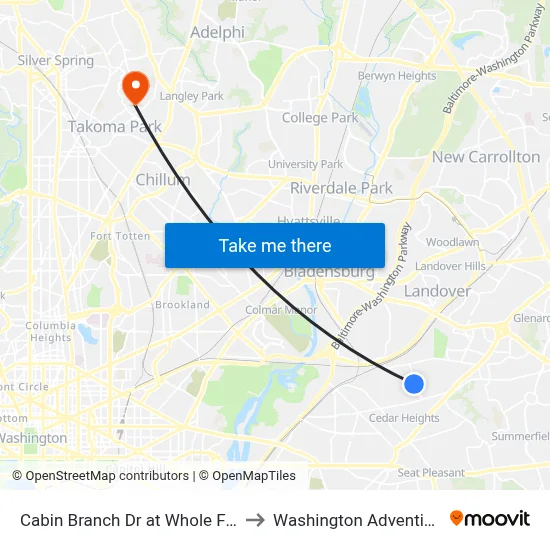 Cabin Branch Dr at Whole Foods Entrance to Washington Adventist University map