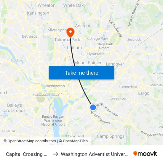 Capital Crossing Apt to Washington Adventist University map