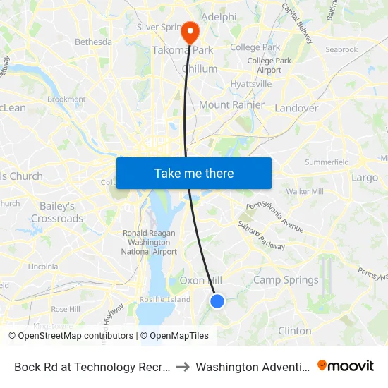 Bock Rd at Technology Recreation Complex to Washington Adventist University map
