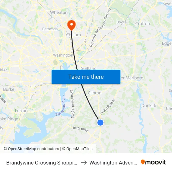 Brandywine Crossing Shopping Center at Target to Washington Adventist University map