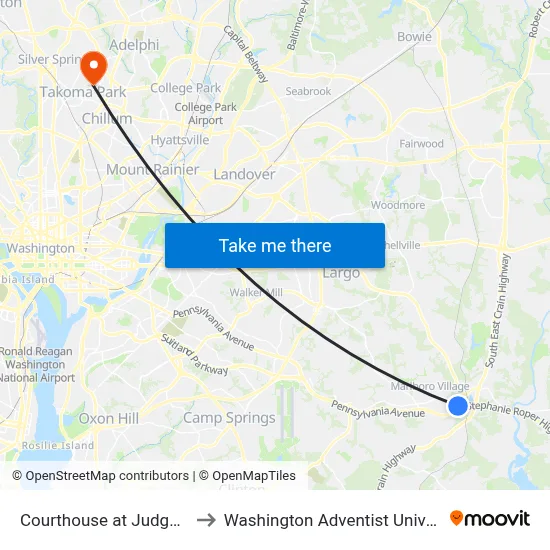Courthouse at Judges Dr to Washington Adventist University map