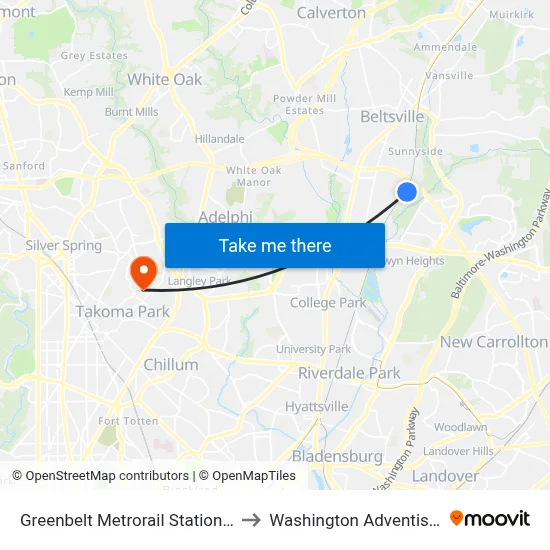 Greenbelt Metrorail Station at Bus Bay A to Washington Adventist University map