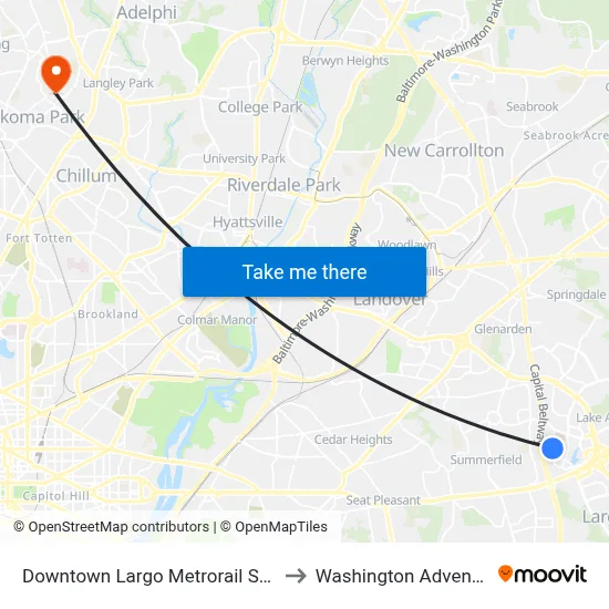 Downtown Largo Metrorail Station at Bus Bay E to Washington Adventist University map