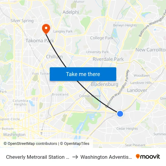 Cheverly Metrorail Station at Bus Bay D to Washington Adventist University map