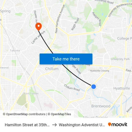 Hamilton Street at 35th Avenue to Washington Adventist University map