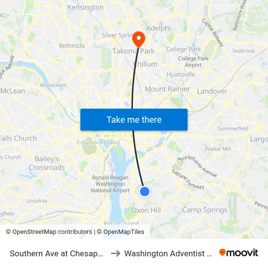 Southern Ave at Chesapeake St SE to Washington Adventist University map