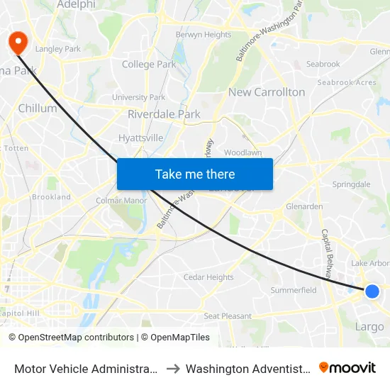 Motor Vehicle Administration (Largo) to Washington Adventist University map