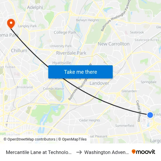 Mercantile Lane at Technology Way (Kaiser Side) to Washington Adventist University map