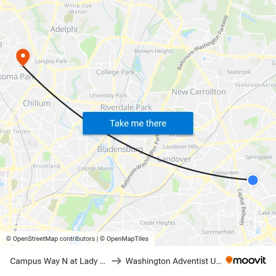 Campus Way N at Lady Grove Rd to Washington Adventist University map