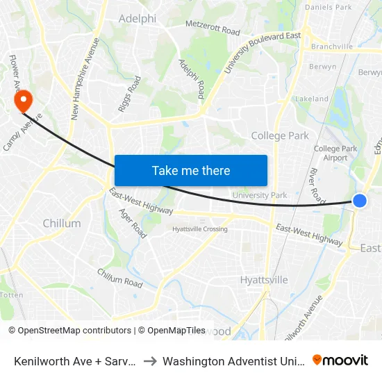 Kenilworth Ave + Sarvis Ave to Washington Adventist University map