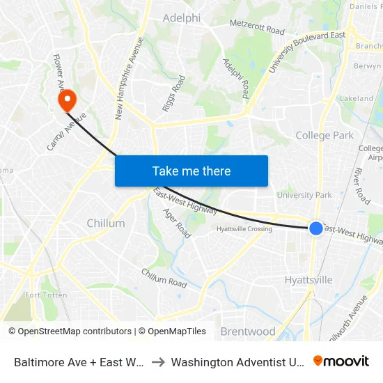 Baltimore Ave + East West Hwy to Washington Adventist University map