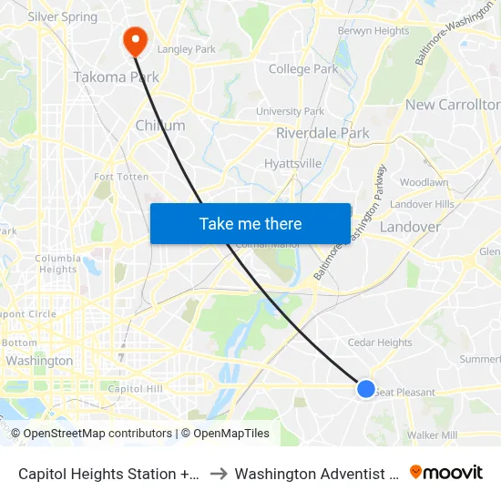 Capitol Heights Station + Bus Bay B to Washington Adventist University map