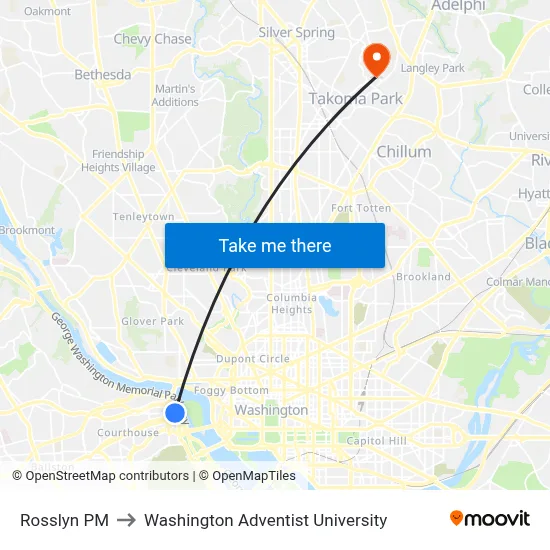 Rosslyn PM to Washington Adventist University map