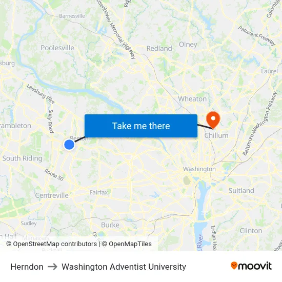 Herndon to Washington Adventist University map
