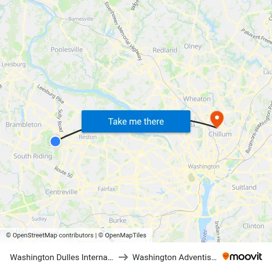 Washington Dulles International Airport to Washington Adventist University map
