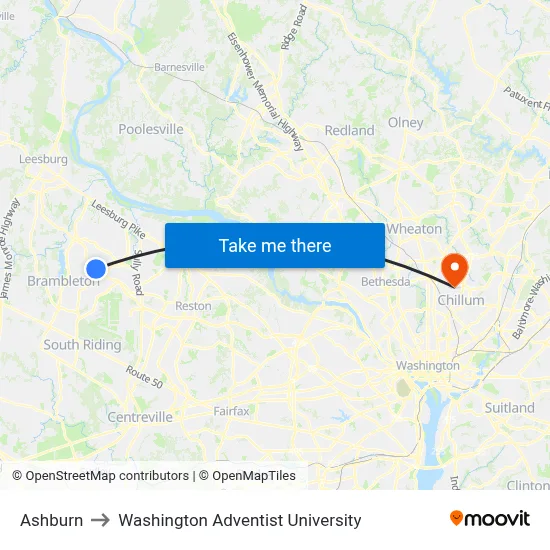 Ashburn to Washington Adventist University map