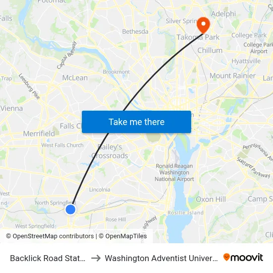 Backlick Road Station to Washington Adventist University map