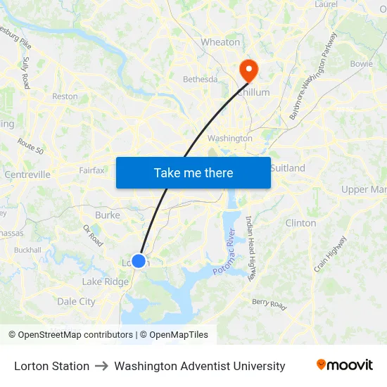 Lorton Station to Washington Adventist University map