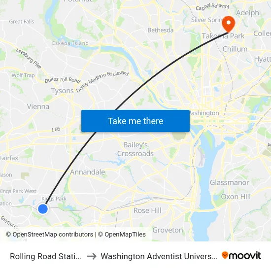 Rolling Road Station to Washington Adventist University map