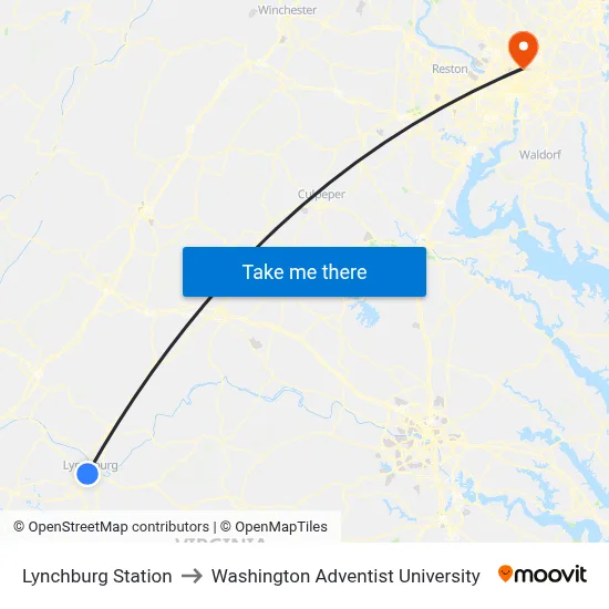 Lynchburg Station to Washington Adventist University map