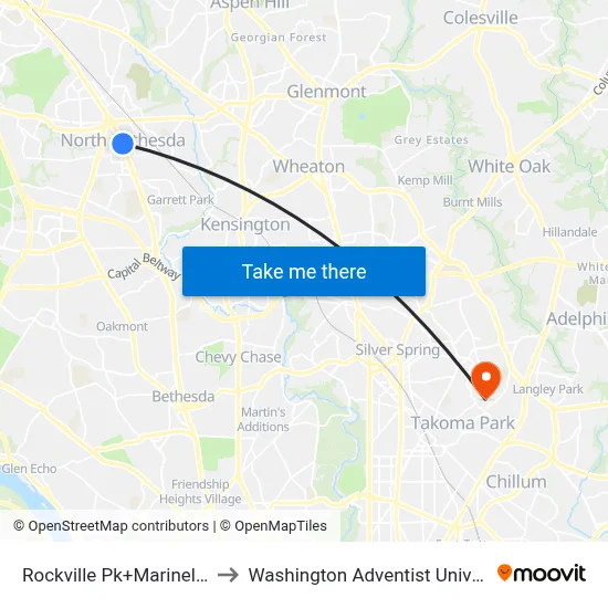 Rockville Pk+Marinelli Rd to Washington Adventist University map
