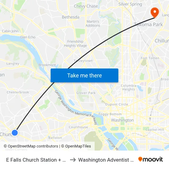 E Falls Church Station + Bus Bay D to Washington Adventist University map
