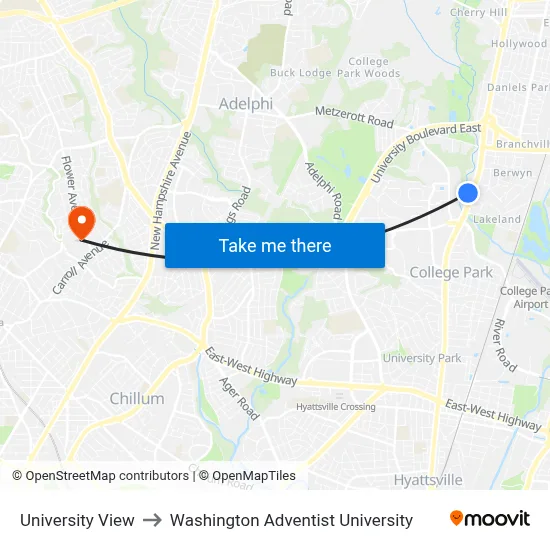 University View to Washington Adventist University map